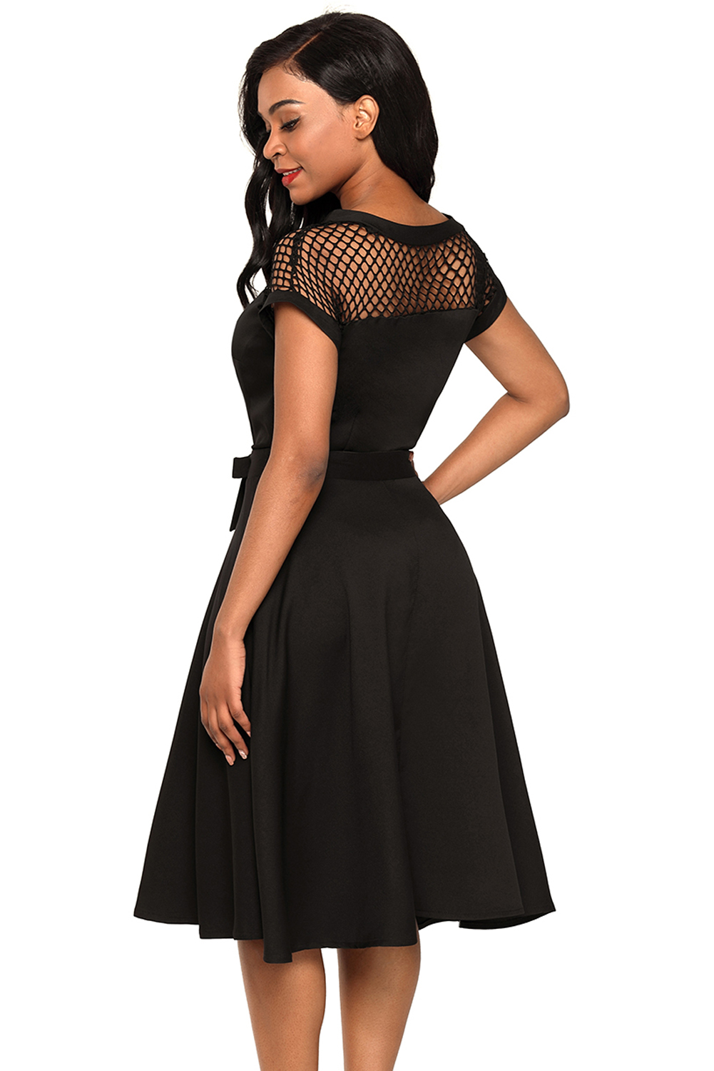 BY61862-2 Fishnet Insert Black Bowknot Embellished Dress